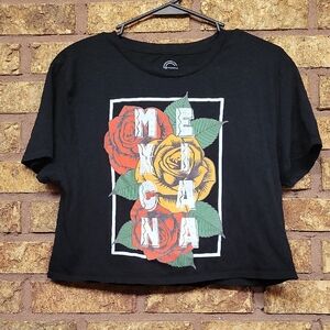 Social Culture Black Graphic "Mexicana" Crop Top with Floral Design Size Medium